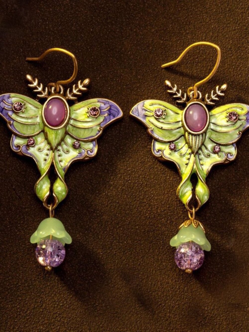 Vintage Style Mint Green  Enamel Moth Rhinestone Crystal Dangle Earrings